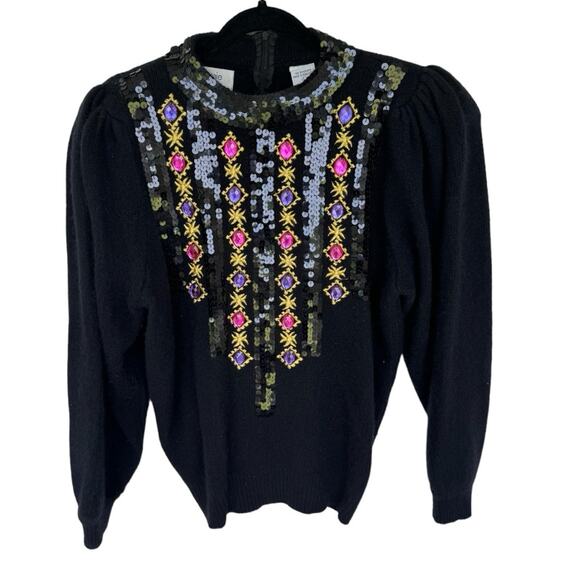 Vintage 80s black Bejeweled sequin Balloon Sleeve Wool Angora cozy Sweater large - Picture 1 of 6